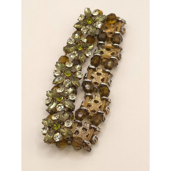 Vintage Rhinestone & Bead Flex Bracelet Gold-Tone Green/Brown Floral Design - Picture 2 of 7